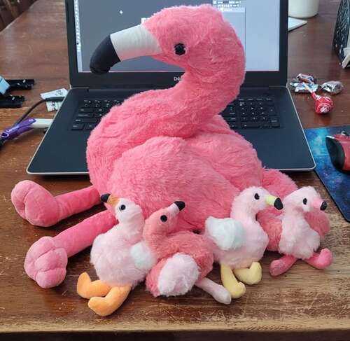 Mother flamingo and flamingo chicks plush