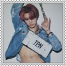 Ten from WayV wearing only a denim jacken with a sign labelling him as Ten across his chest square stamp